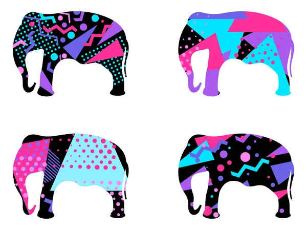 Slon s vzorem geometrických tvarů, memphis stylu. Vektorové ilustrace — Stockový vektor