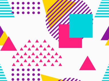 Üçgenler ve beyaz zemin üzerine noktalar ile kesintisiz geometrik desen. Memphis tarzı. Vektör çizim