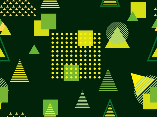 Bezszwowe wzór geometryczny z trójkątów i kropki na białym tle. Memphis stylu. Kolor zielony. Ilustracja wektorowa — Wektor stockowy