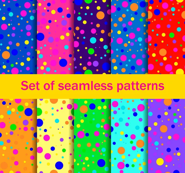 Seamless patterns with colored circles are randomly scattered. Bright colors, collection of ten backgrounds. Vector illustration — Stock Vector