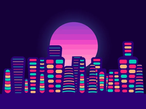 Νύχτα πόλη σε φόντο ηλιοβασίλεμα. Πανόραμα ρετρό της δεκαετίας του 80, δεκαετία του 90. Τουριστική πόλη. Εικονογράφηση διάνυσμα — Διανυσματικό Αρχείο