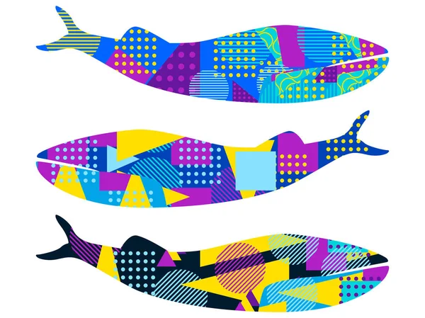 Baleine avec motif de memphis. Eléments géométriques dans le style des années 80. Illustration vectorielle — Image vectorielle