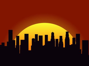 Gün batımı bir arka plan üzerinde şehir manzarası. Silhouette gökdelenler ve yüksek binalar. Gündoğumu veya günbatımı. Vektör çizim