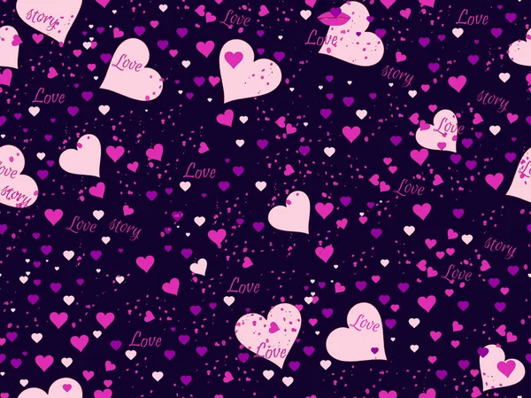 Romantische nahtlose Muster. Liebe Hintergrund mit Herzen, Beeren und Lippen. Elemente des Grunge-Stils. Vektorillustration — Stockvektor