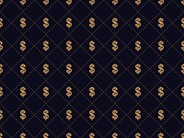 Art deco seamless pattern with dollar sign. Gold color, wealth and status 1920s, 1930s. Vector illustration 