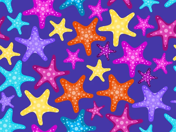 Patrón sin costuras Starfishes. Coloridas estrellas de mar sobre un fondo oscuro. Ilustración vectorial — Vector de stock