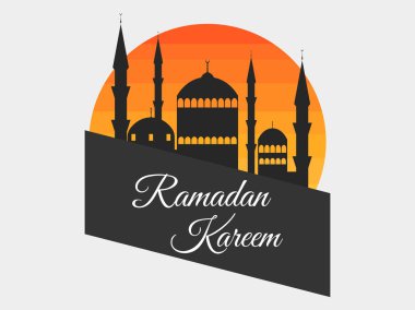 Ramazan Kareem. Cami güneşin arka planda. Bayram tebrik kartı, banner. Müslüman tatil ışıklar. Vektör çizim