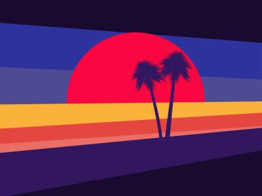 Günbatımı ile arka plan stili 80s palmiye ağaçlarının