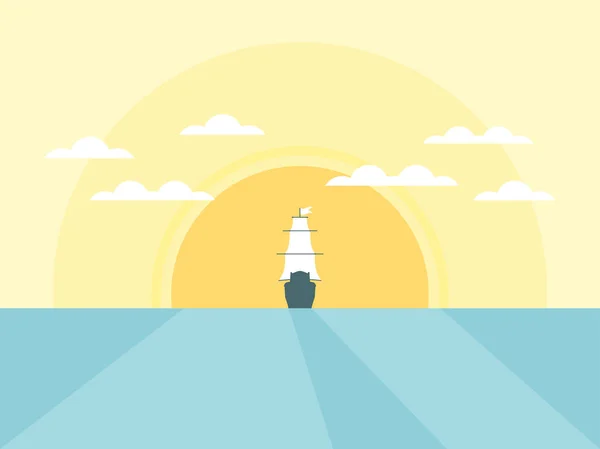 Zeilschip in de achtergrond van de zon in een vlakke stijl met een schaduw. Zee daglicht. Vectorillustratie — Stockvector