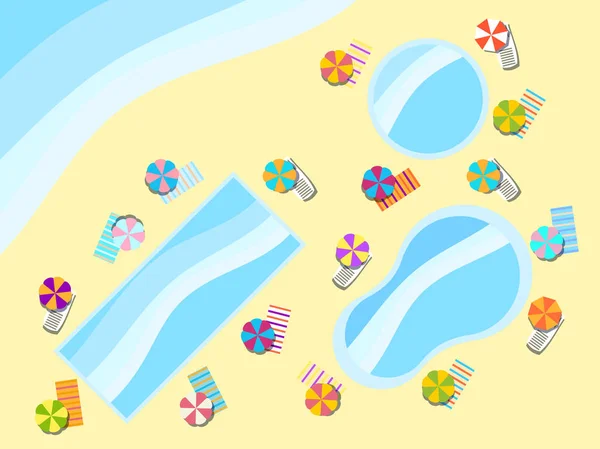 Swimming pool, top view. Sunbeds and umbrellas from the sun, rest at the pool. Vector illustration