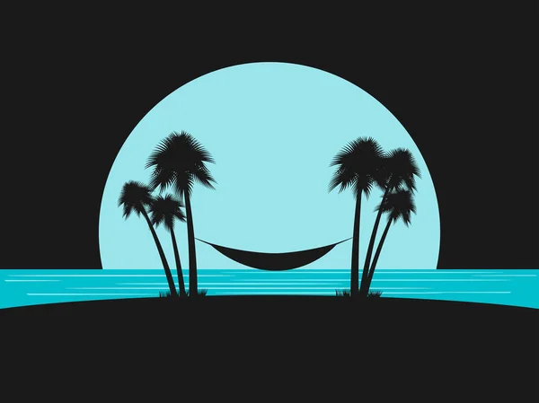 Silhouette de palmiers avec un hamac sur la plage. Vacances à la plage. Modèle de conception loisirs, tourisme. Illustration vectorielle — Image vectorielle