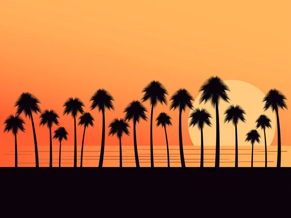 Gün batımı bir arka plan üzerinde palmiye ağaçları. Tropikal peyzaj, beach tatil. Vektör çizim — Stok Vektör