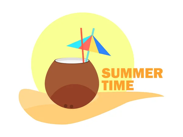 Cóctel de coco con paja y paraguas. Hora de verano. Ilustración vectorial — Vector de stock