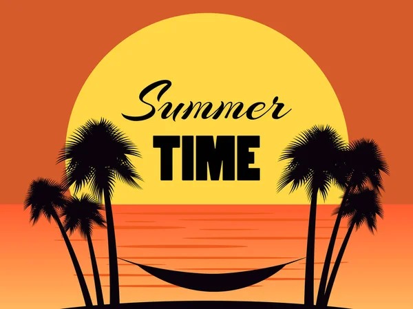 Hamaca entre palmeras sobre un fondo al atardecer. Hora de verano, vacaciones en la playa, miami. Ilustración vectorial — Vector de stock