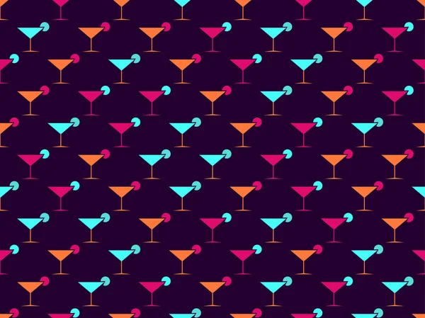 Gafas Martini patrón sin costuras. Objetos multicolores sobre un fondo oscuro. Ilustración vectorial — Vector de stock