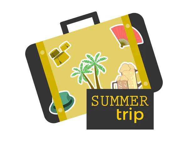 Summer trip suitcase with stickers. Travel banner, icon isolated on white background. Vector illustration — Stock Vector