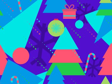 80 'lerin Memphis tarzında kusursuz bir Noel örneği. Kar taneleri ve köknar ağaçları. Promosyon ürünleri, ambalaj kağıdı ve baskı. Vektör illüstrasyonu