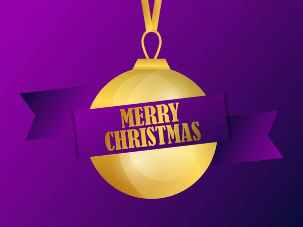Feliz Natal design cartão de saudação. Bola de Natal de cor dourada em um fundo gradiente roxo. Ilustração vetorial — Vetor de Stock