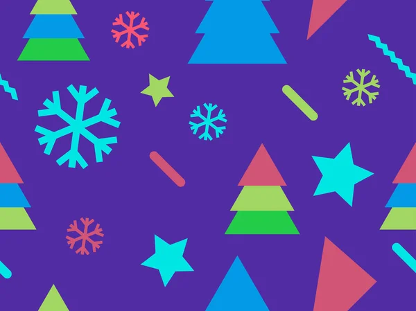 Різдвяний безшовний візерунок у стилі мехіс 80-х років. Сніжинки і ялинки. Рекламна продукція, обгортковий папір та друк. Векторні ілюстрації — стоковий вектор