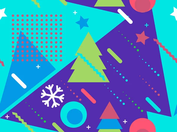 Weihnachten nahtlose Muster in Memphis Stil der 80er Jahre. Schneeflocken und Tannenbäume. Werbeartikel, Packpapier und Druck. Vektorillustration — Stockvektor