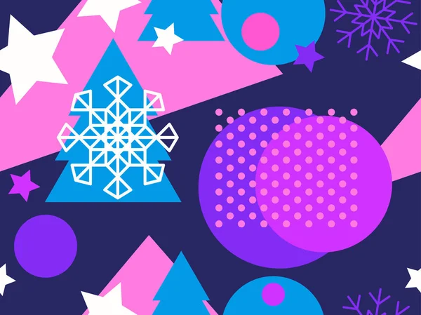 Рождество в стиле Мемфиса 80-х годов. Снежинки и елки. Рекламная продукция, упаковочная бумага и печать. Векторная иллюстрация — стоковый вектор