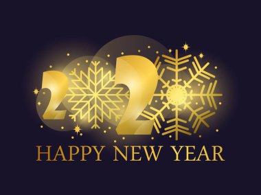 Mutlu yıllar 2020. Altından bir gradyanı ve siyah arka planda kar taneleri olan metin. Tebrik kartı tasarım şablonu. Vektör illüstrasyonu