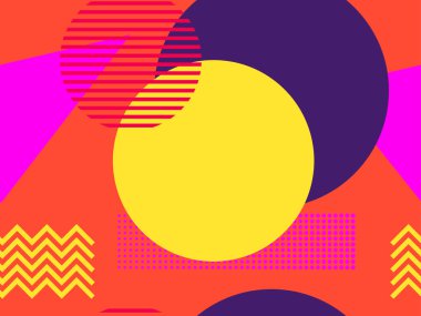 Memphis kusursuz desen. Geometrik elementler 80 'ler tarzında memphis. Promosyon ürünleri, ambalaj kağıdı ve baskı için modern moda arka plan. Vektör illüstrasyonu