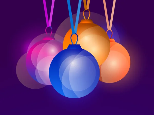 Balles de Noël suspendues avec dégradé multicolore. Joyeux Noël et bonne année. Effet Bokeh. Modèle de conception de carte de voeux. Illustration vectorielle — Image vectorielle