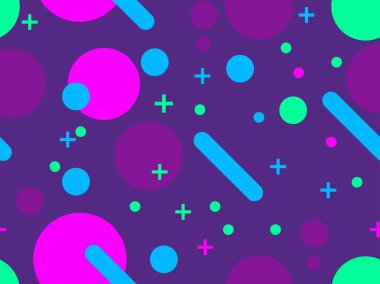 Memphis kusursuz desen. 80 'lerin tarzında kaotik geometrik şekiller. Promosyon ürünleri, ambalaj kağıdı ve baskı için. Vektör illüstrasyonu