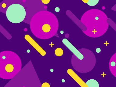 Memphis kusursuz desen. 80 'lerin tarzında kaotik geometrik şekiller. Promosyon ürünleri, ambalaj kağıdı ve baskı için. Vektör illüstrasyonu