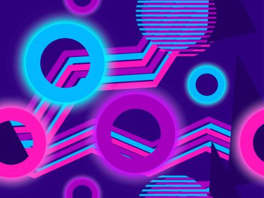 Siberpunk kusursuz desen. 80 'lerin geçmişe dönük gelecekçiliği. Neon yuvarlak ve doğrusal ışık ışınları. Arka plan sentetik dalgası. Vektör illüstrasyonu