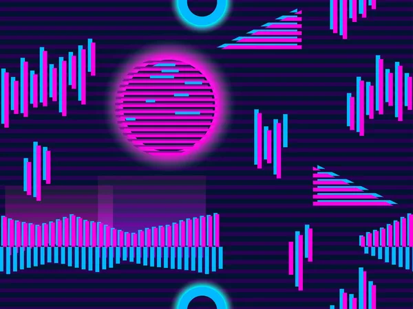 Cyberpunk nahtlose Muster. Retro-Futurismus der 80er Jahre. Neon runde und lineare Lichtstrahlen. Hintergrund-Synthwave. Vektorillustration — Stockvektor