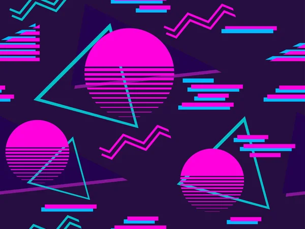 Siberpunk kusursuz desen. 80 'lerin geçmişe dönük gelecekçiliği. Memphis geometrik elementleri. Arka plan sentetik dalgası. Vektör illüstrasyonu