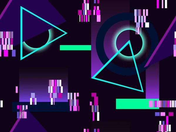 Cyberpunk nahtlose Muster. Retro-Futurismus der 80er Jahre. Neon runde und lineare Lichtstrahlen. Panne, Signalfehler. Hintergrund-Synthwave. Vektorillustration — Stockvektor