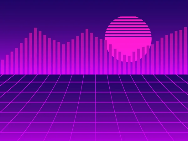 Wirtualna rzeczywistość, cyberpunkowy krajobraz w stylu lat 80-tych z siatką. Synthwave retro futurystyczne tło. Fala wsteczna. Ilustracja wektora — Wektor stockowy