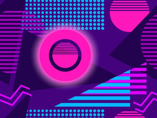 Siberpunk kusursuz desen. 80 'lerin geçmişe dönük gelecekçiliği. Neon mermisi ve memphis geometrik elementleri. Arka plan sentetik dalgası. Vektör illüstrasyonu