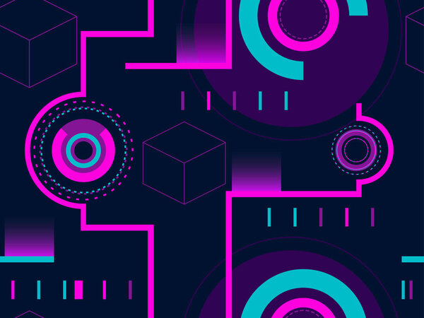 Seamless pattern in cyberpunk style, 80s retro futurism. Linear art and circles, dotted. Vector illustration