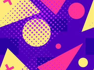 Memphis kusursuz desen. Geometrik elementler 80 'ler tarzında memphis. Popüler sanat, noktalı. Vektör illüstrasyonu