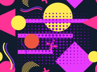 Memphis kusursuz desen. Geometrik elementler 80 'ler tarzında memphis. Popüler sanat, noktalı. Vektör illüstrasyonu