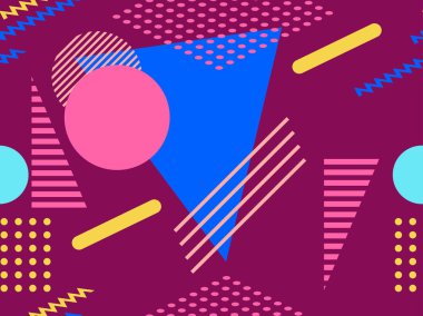 Memphis kusursuz desen. Retro arka plan, geometrik şekiller Memphis 80 'ler ve 90' lar tarzında. Vektör illüstrasyonu