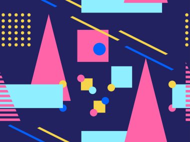 Memphis kusursuz desen. Retro arka plan, geometrik şekiller Memphis 80 'ler ve 90' lar tarzında. Vektör illüstrasyonu