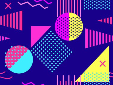 Memphis kusursuz desen. Retro arka plan, geometrik şekiller Memphis 80 'ler ve 90' lar tarzında. Vektör illüstrasyonu