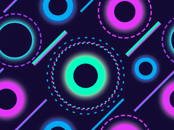 Cyberpunk seamless pattern. Retro futurism of the 80s. Neon round and linear light rays. Background synthwave. Vector illustration — Stock Vector