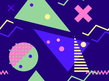Geometric seamless pattern in 80s memphis style. Trend colors. Vector illustration