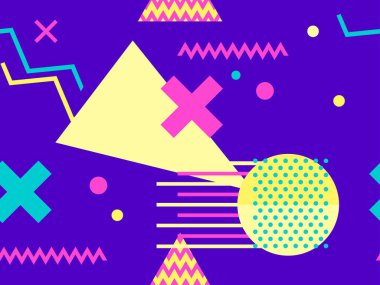 Geometric seamless pattern in 80s memphis style. Trend colors. Vector illustration
