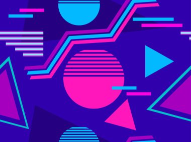 Siberpunk kusursuz desen. 80 'lerin geçmişe dönük gelecekçiliği. Memphis geometrik elementleri. Arka plan sentetik dalgası. Vektör illüstrasyonu