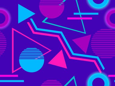 Siberpunk kusursuz desen. 80 'lerin geçmişe dönük gelecekçiliği. Memphis geometrik elementleri. Arka plan sentetik dalgası. Vektör illüstrasyonu