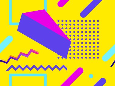 Memphis kusursuz desen. Geometrik elementler 80 'li yılların tarzında eğimli şekillerde memphis yaparlar. Broşürler, promosyon malzemeleri ve duvar kağıtları için arka plan. Vektör illüstrasyonu