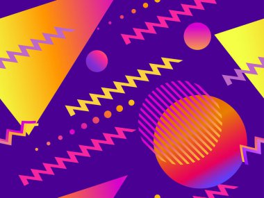 Memphis kusursuz desen. Geometrik elementler 80 'li yılların tarzında eğimli şekillerde memphis yaparlar. Broşürler, promosyon malzemeleri ve duvar kağıtları için arka plan. Vektör illüstrasyonu