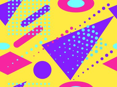 Memphis kusursuz desen. Geometrik elementler 80 'li yılların tarzında eğimli şekillerde memphis yaparlar. Broşürler, promosyon malzemeleri ve duvar kağıtları için arka plan. Vektör illüstrasyonu